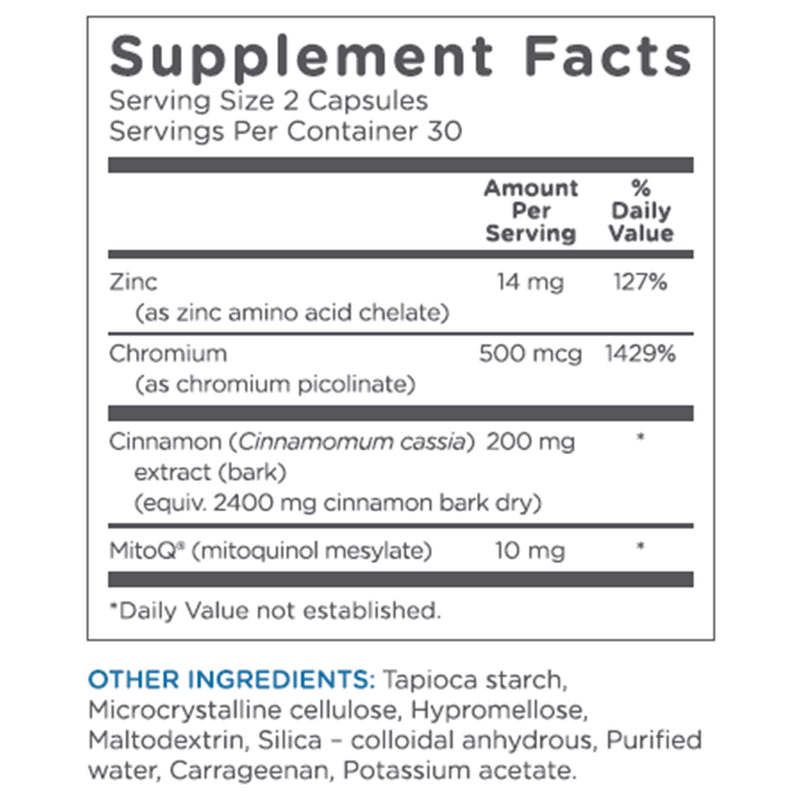MitoQ Blood Sugar 60 Capsules CoQ10 Antioxidant - MitoQ w/Chromium, Cinnamon & Zinc - Supports Premium Blood Glucose Metabolic, Weight Management and Cellular Health