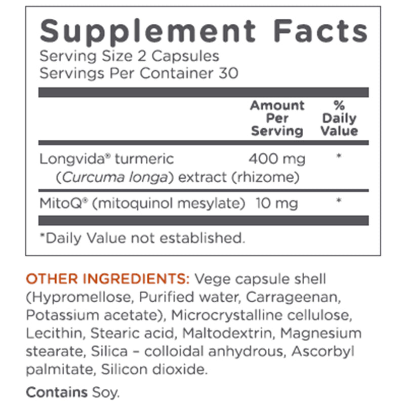MitoQ +Curcumin 60 Capsules CoQ10 Antioxidant Supplement - MitoQ w/Super Bioavailable Longvida Curcumin Turmeric - Supports Brain, Digestive and Cellular Health