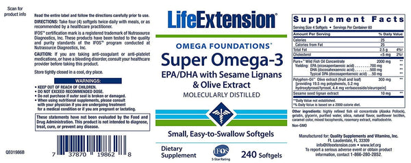 Life Extension Super Omega-3 EPA/DHA with Sesame Lignans and Olive Extract 240 easy-to-swallow softgels