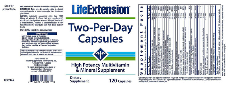 Life Extension Two Per Day High Potency Multivitamin & Mineral Supplement 120 Capsules