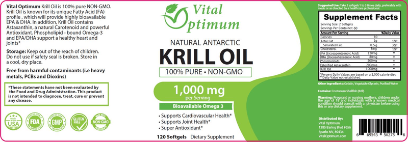 Vital Optimum Natural Antarctic Krill Oil 1000 mg with Omega-3s EPA, DHA, Astaxanthin, and Phospholipids 120 Softgels