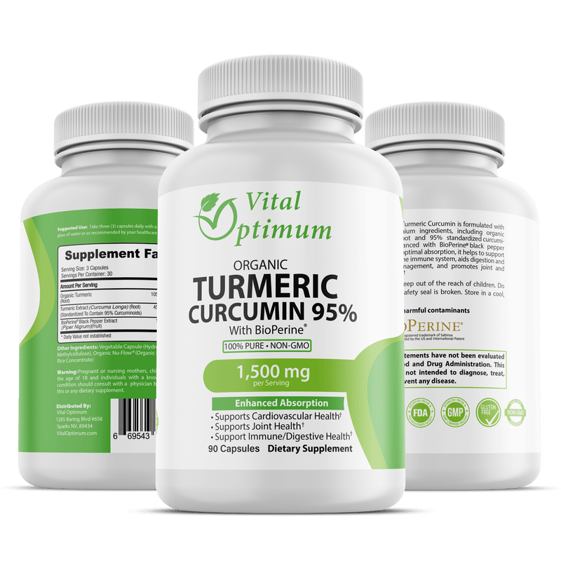 Vital Optimum Organic Turmeric Curcumin  95% with BioPerine® 1500 mg, High Absorption Formula with 95% Curcuminoids for Pain Relief & Joint Support 90 Capsules